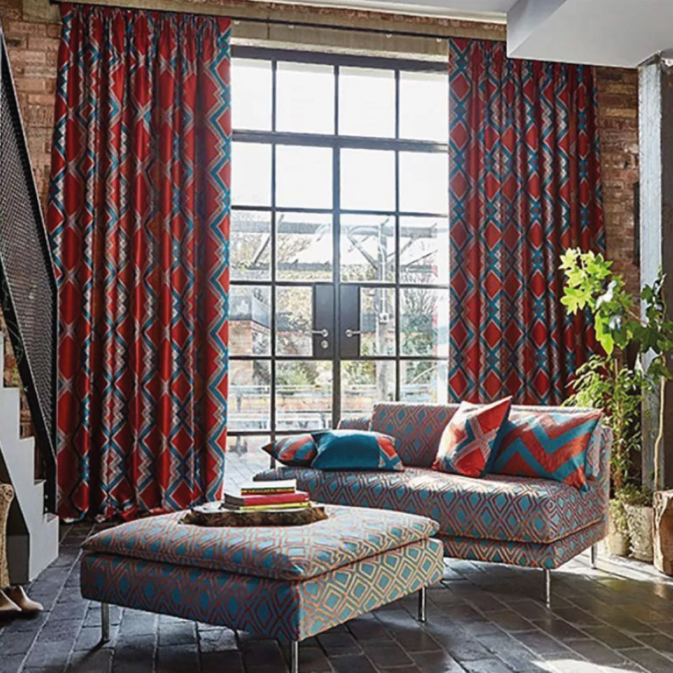 red and blue curtains in a modern living room